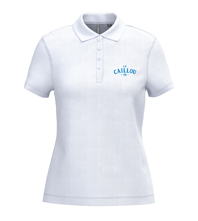Polo femme blanc cintré avec le logo Le Caillou 56 brodé en bleu sur la poitrine