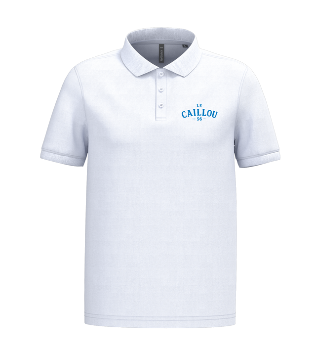 Polo homme blanc avec le logo Le Caillou 56 brodé en bleu sur la poitrine