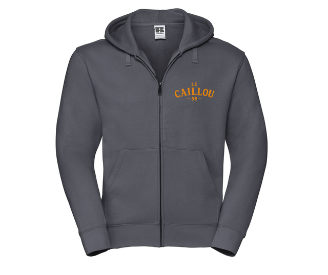 Sweat zippé à capuche gris avec le logo Le Caillou 56 en orange sur la poitrine