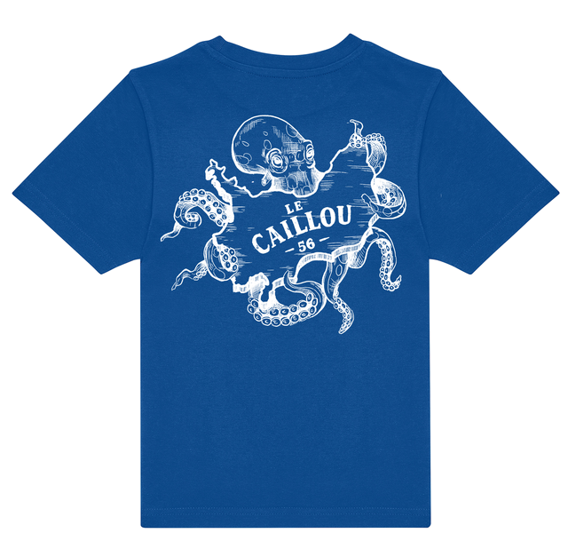 Tee-shirt enfant bleu roi, vu de dos, avec un poulpe blanc enlaçant le logo Le Caillou 56