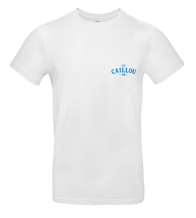 Tee-shirt blanc avec le logo Le Caillou 56 brodé en bleu sur la poitrine