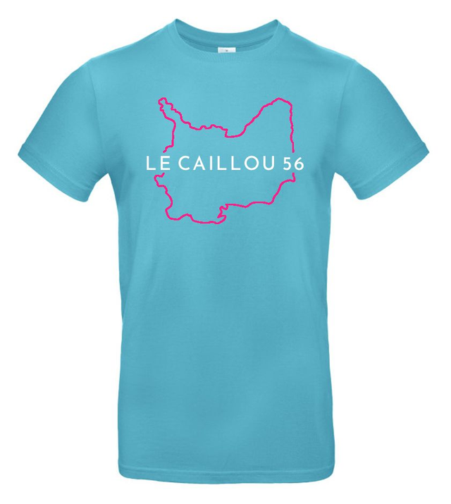 Tee-shirt homme bleu lagon avec le contour de l'île d'Hoëdic en magenta