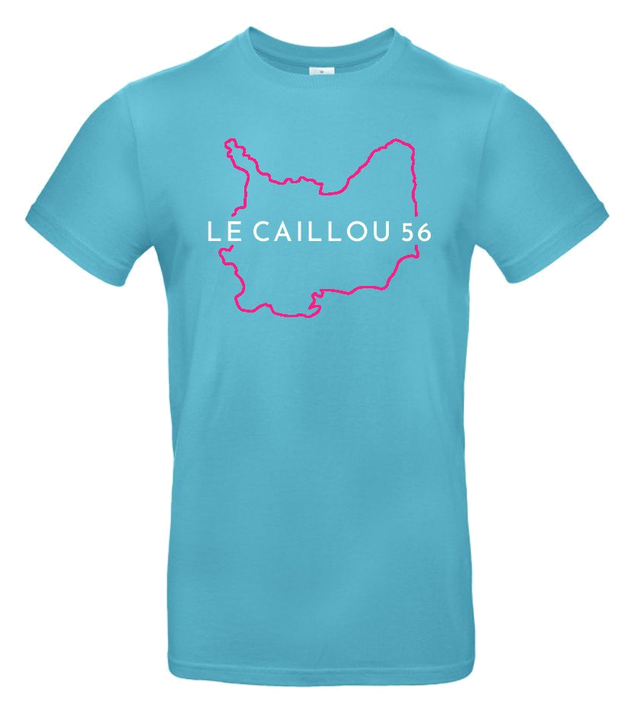 Tee-shirt homme bleu lagon avec le contour de l'île d'Hoëdic en magenta